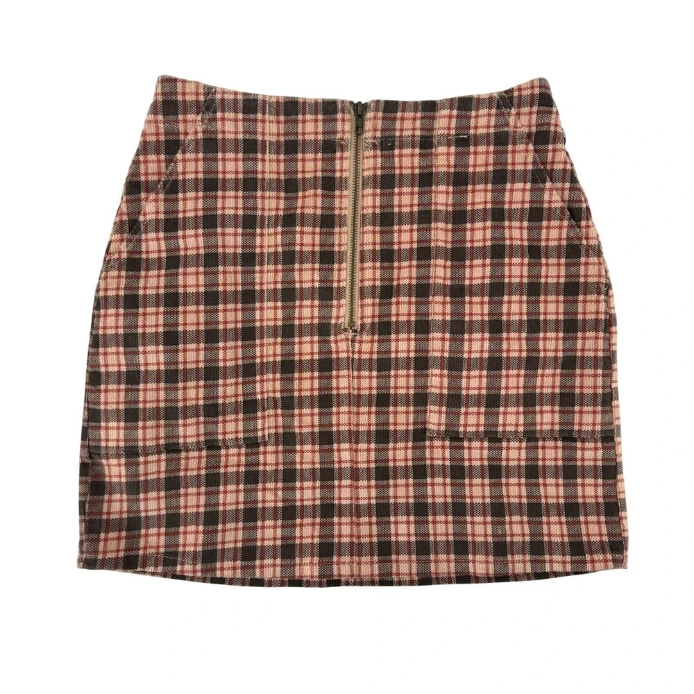 Wild Fable Plaid Corduroy‎ Mini Skirt Brown Tan Red Exposed Zipper Size 4